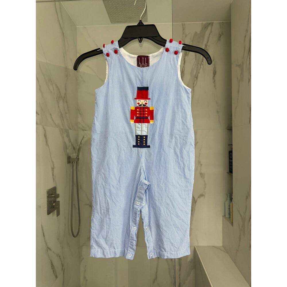 Lil Cactus Christmas Nutcracker Applique Jon Jon Cotton Gingham Overalls 18/24 M